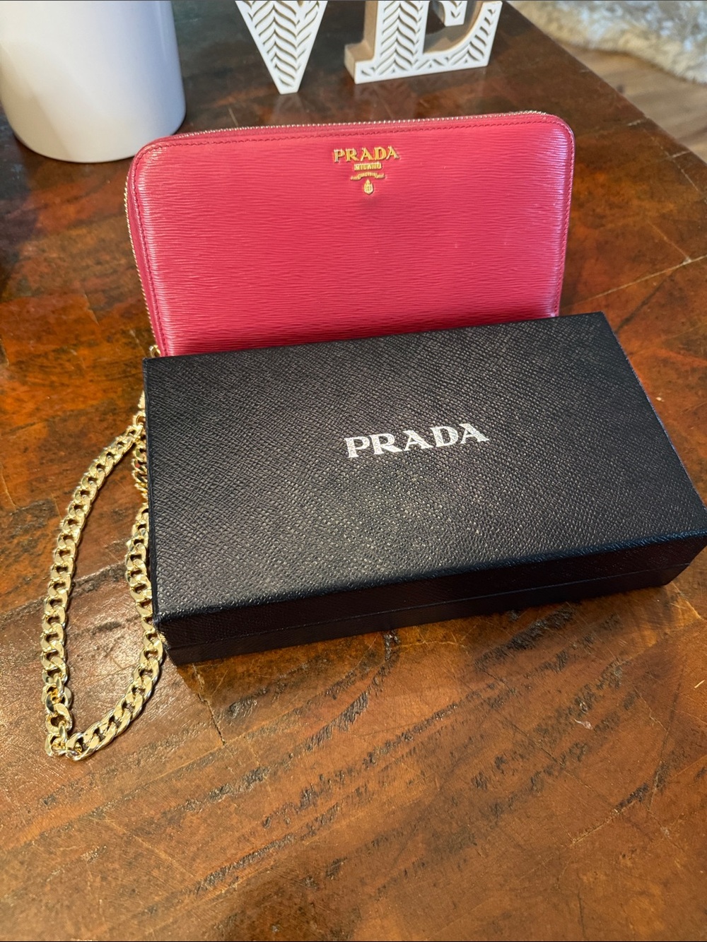 Prada Hot Pink Saffiano Zip Wallet with Gold Chain Strap - Picture 1 of 16